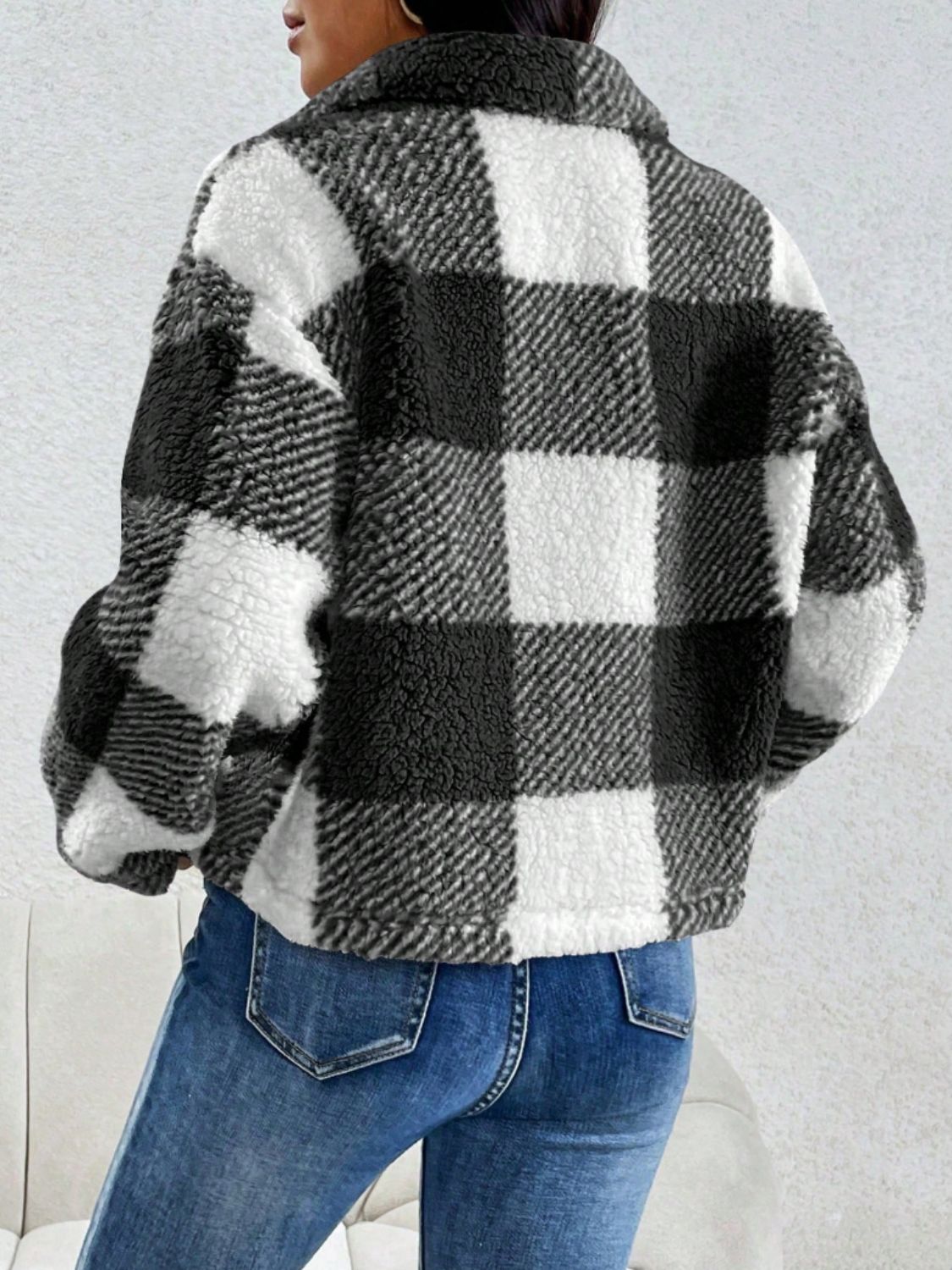 Decorative Pocket Flap Plaid Long Sleeve Jacket Trendsi