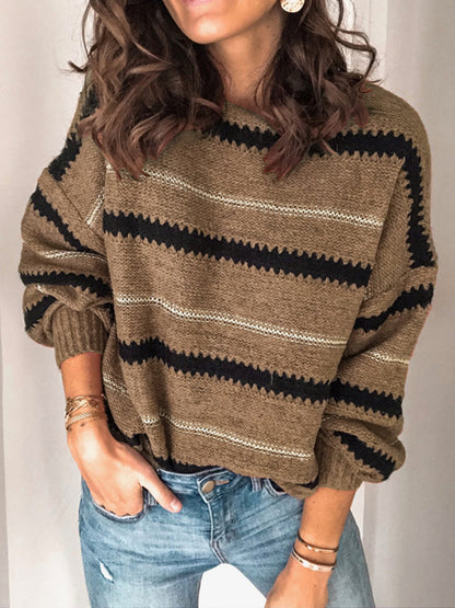 Contrast Striped Round Neck Long Sleeve Sweater Trendsi