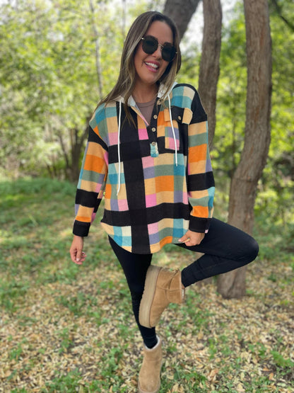 PREORDER: Rainbow Plaid Button Hoodie Ave Shops