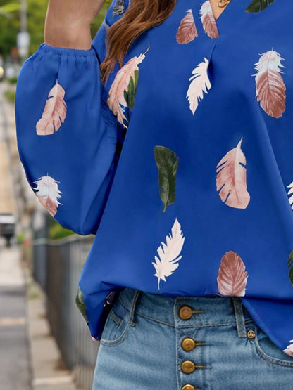 Feather Print Notched Balloon Sleeve Top Trendsi