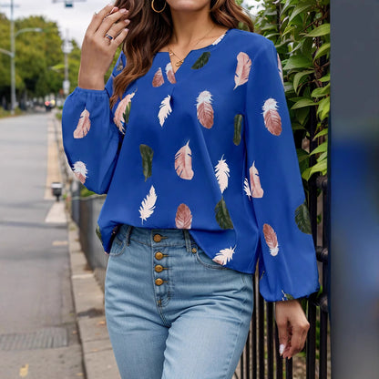 Feather Print Notched Balloon Sleeve Top Trendsi