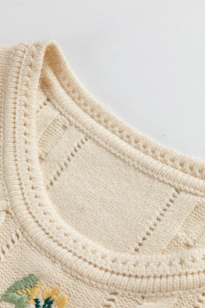 Embroidered Cable-Knit Round Neck Sweater Vest Trendsi