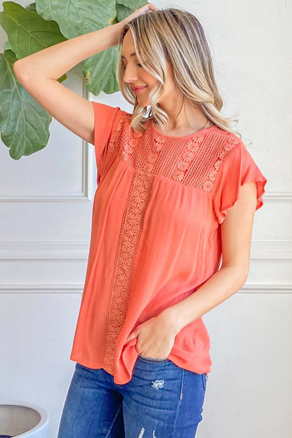 And The Why Lace Detail Ruffle Short Sleeve Blouse Trendsi