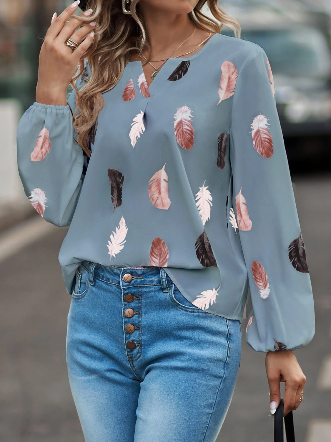 Feather Print Notched Balloon Sleeve Top Trendsi