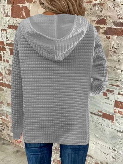 Full Size Texture Button Detail Drawstring Long Sleeve Hoodie Trendsi