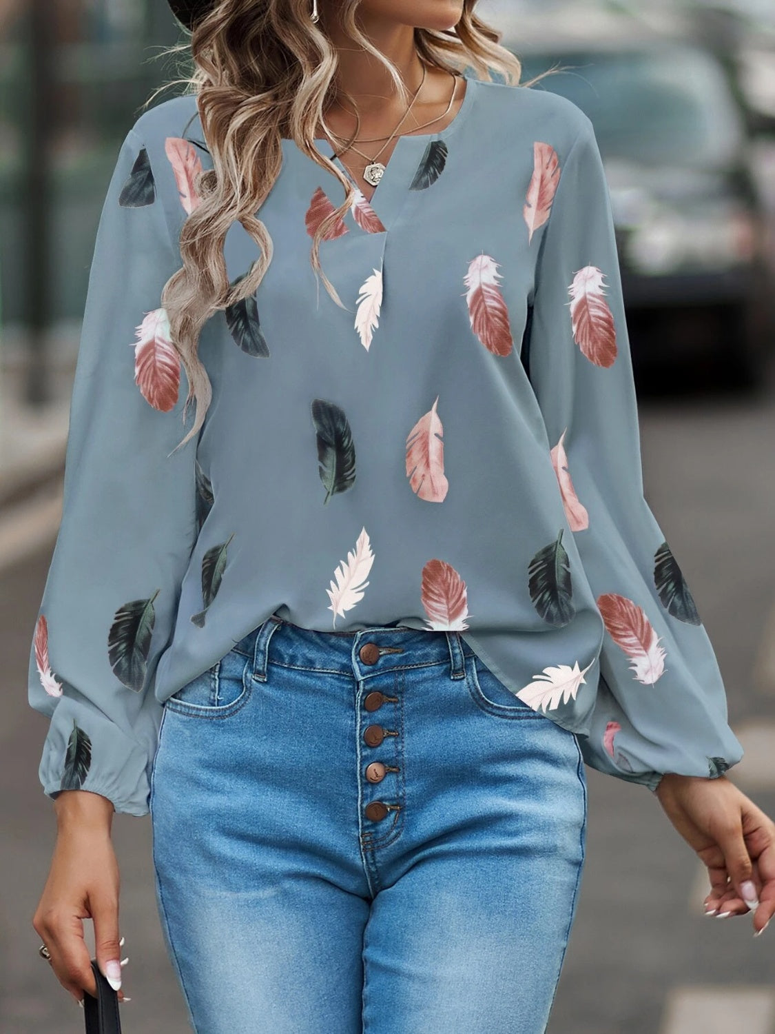 Feather Print Notched Balloon Sleeve Top Trendsi