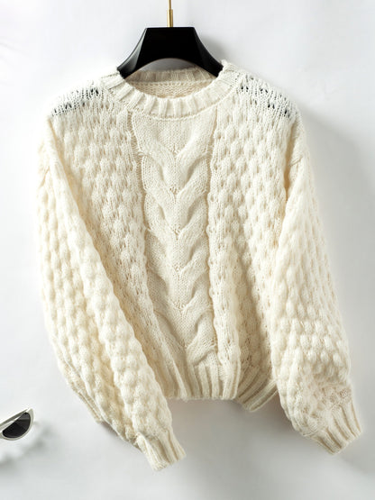 Cable-Knit Round Neck Long Sleeve Sweater Trendsi