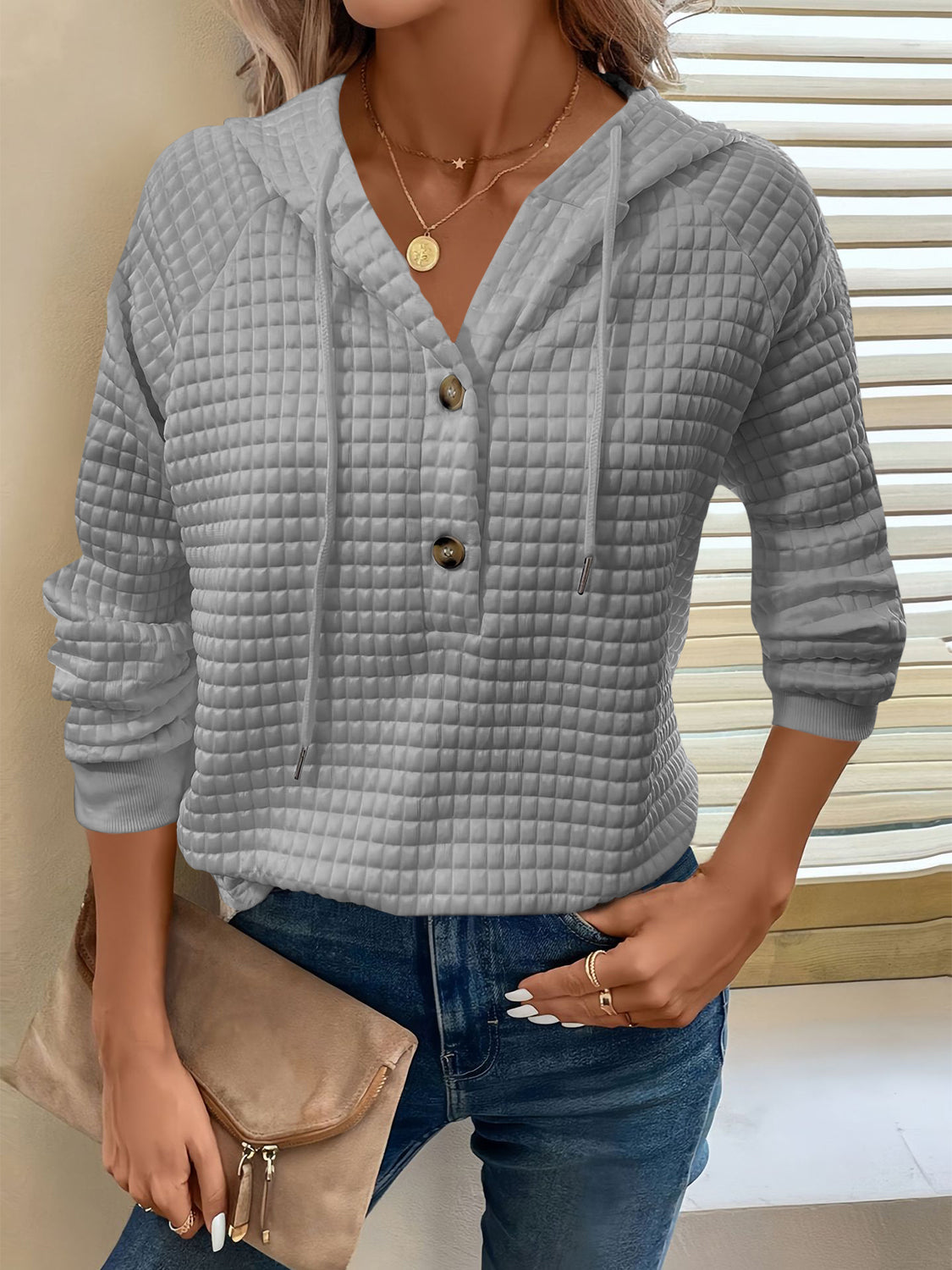 Full Size Texture Button Detail Drawstring Long Sleeve Hoodie Trendsi