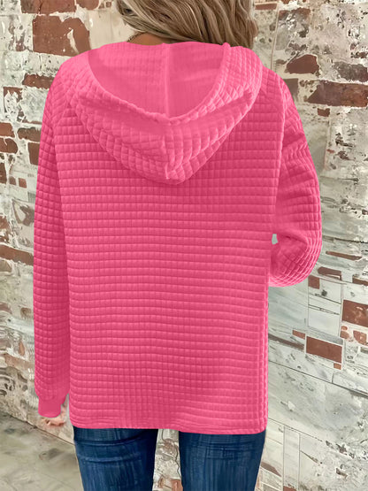 Full Size Texture Button Detail Drawstring Long Sleeve Hoodie Trendsi
