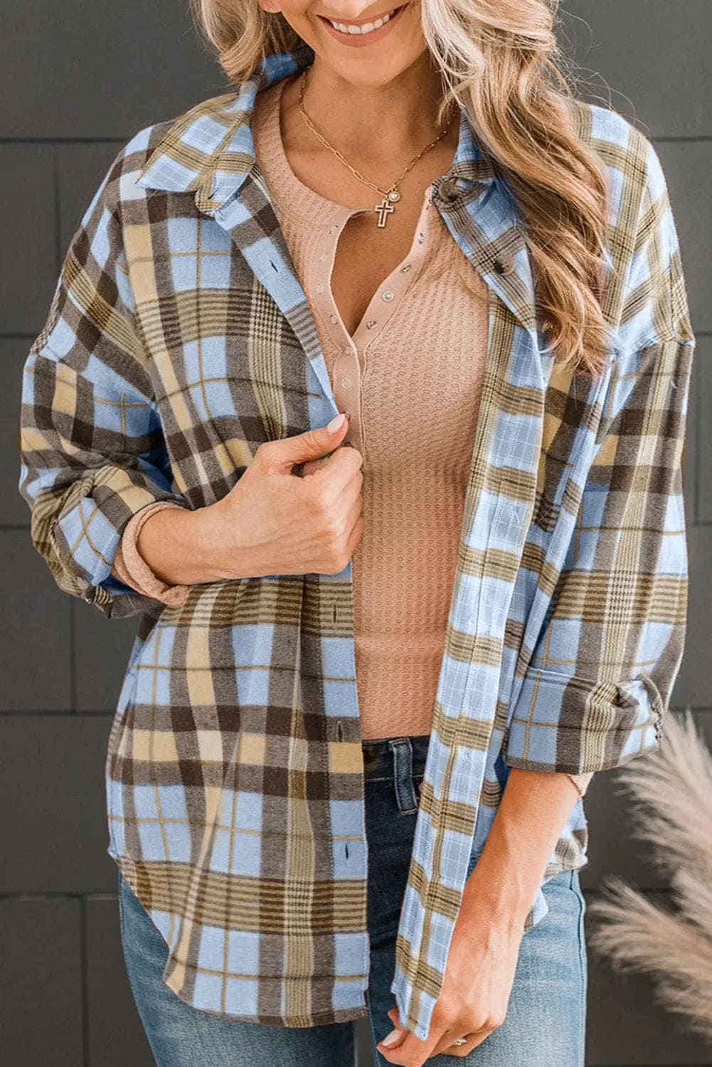 Plaid Collared Neck Long Sleeve Button-Up Shirt Trendsi