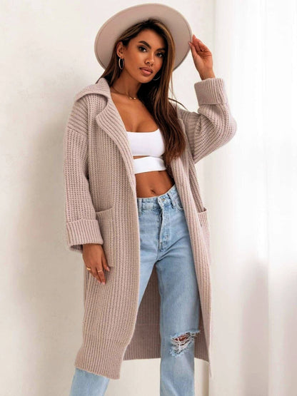 Pocketed Collared Neck Dropped Shoulder Cardigan Trendsi
