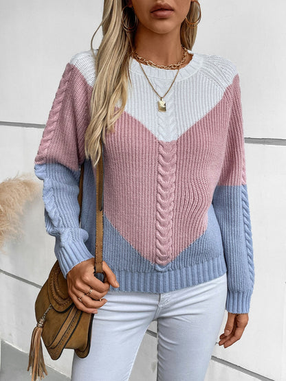 Color Block Round Neck Long Sleeve Sweater Trendsi