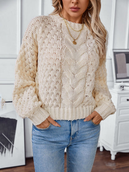 Cable-Knit Round Neck Long Sleeve Sweater Trendsi