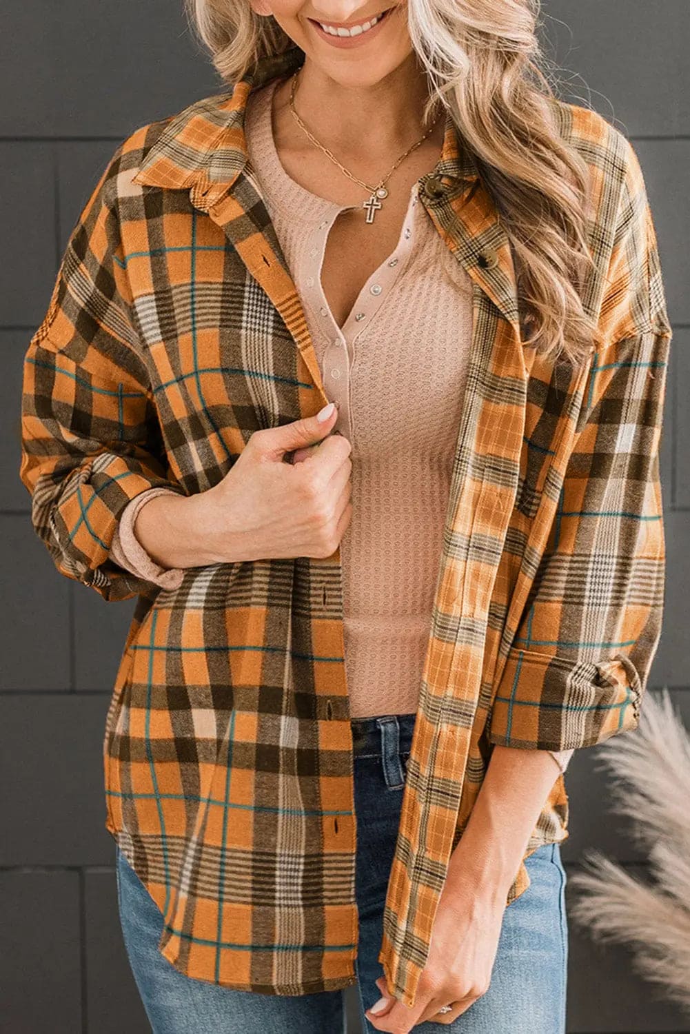 Plaid Collared Neck Long Sleeve Button-Up Shirt Trendsi