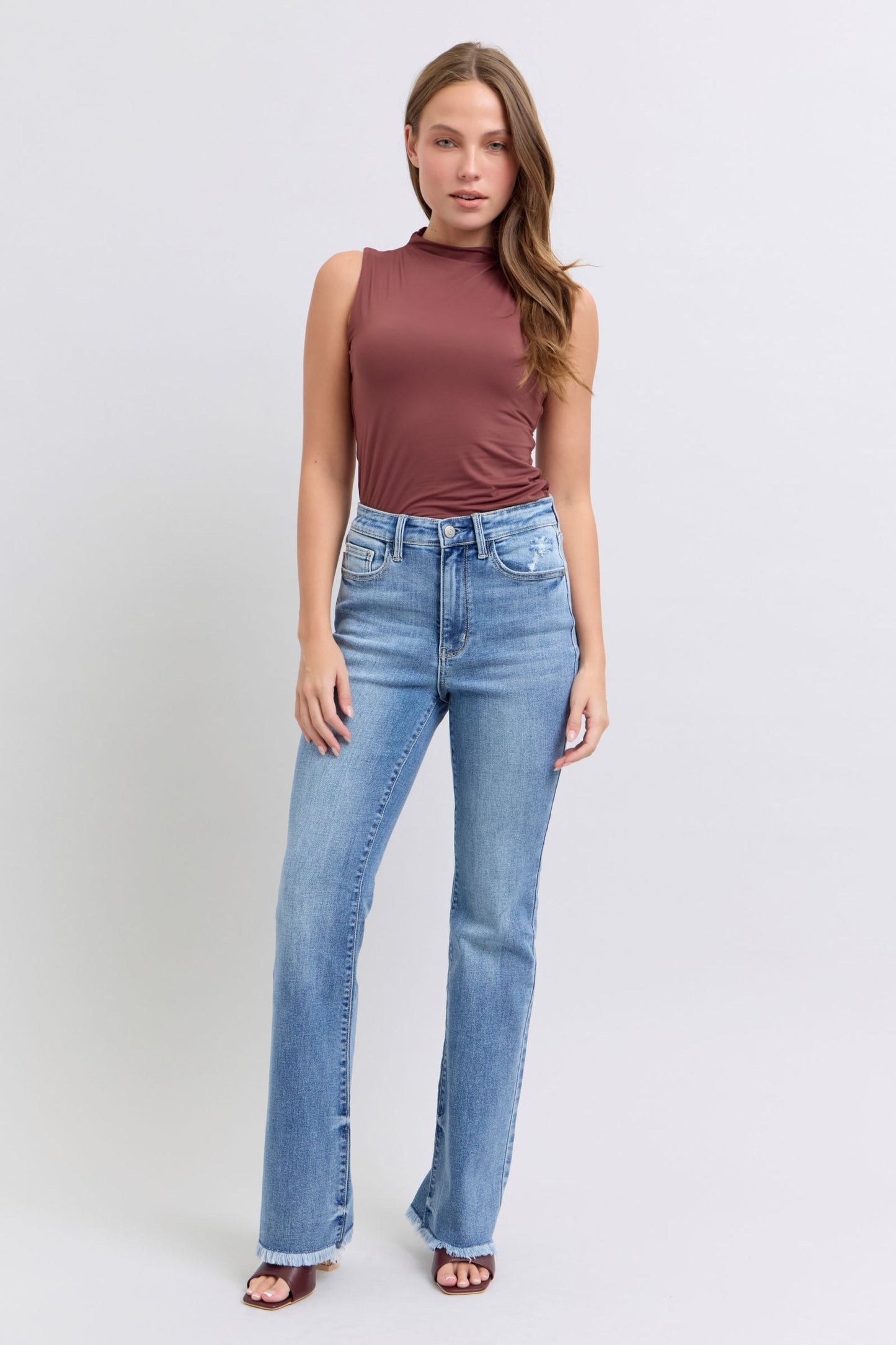 Judy Blue Full Size Raw Hem High Rise Bootcut Jeans Trendsi