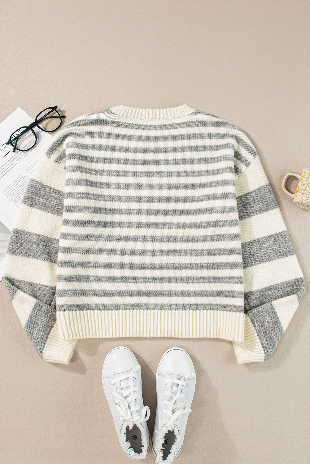 Striped Round Neck Dropped Shoulder Sweater Trendsi