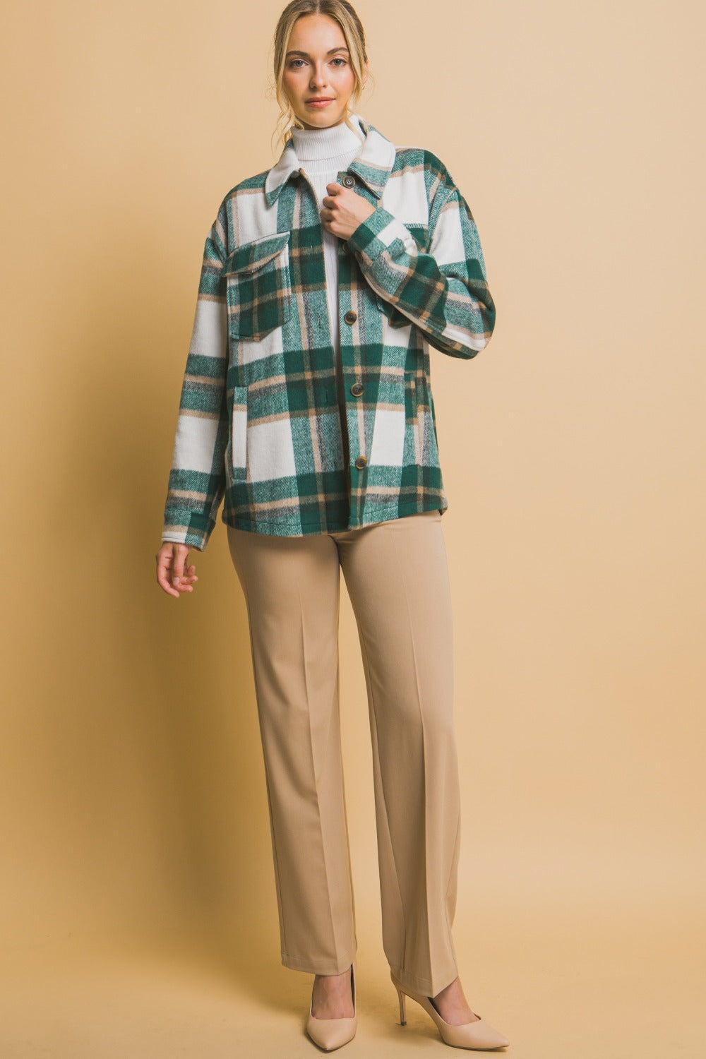 Love Tree Plaid Button Up Shacket Trendsi