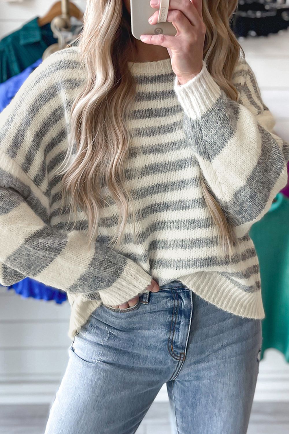 Striped Round Neck Dropped Shoulder Sweater Trendsi