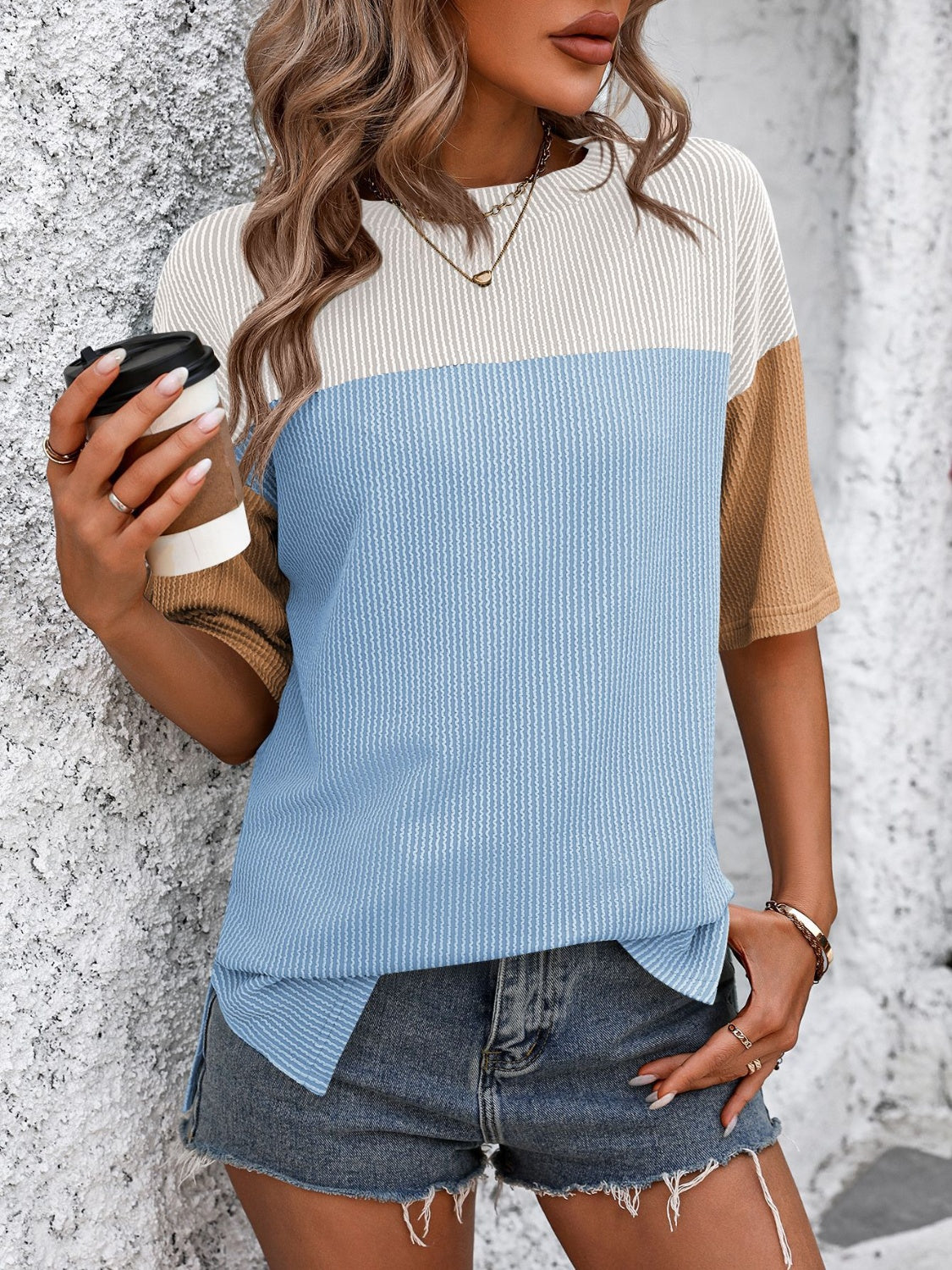 Color Block Round Neck Half Sleeve T-Shirt Trendsi