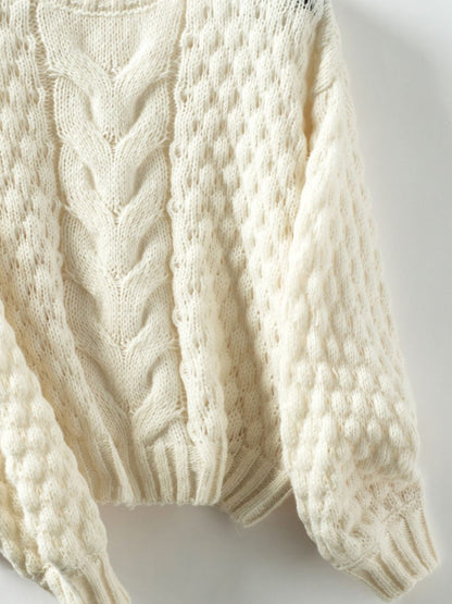 Cable-Knit Round Neck Long Sleeve Sweater Trendsi