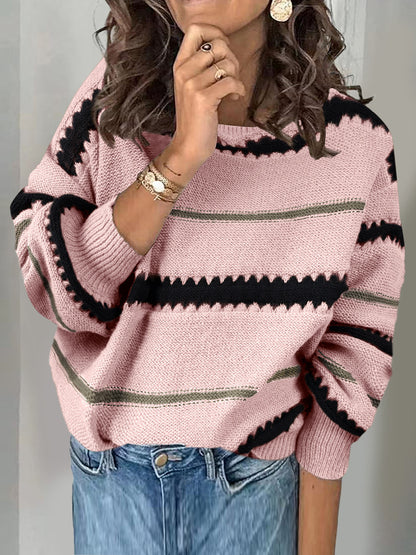 Contrast Striped Round Neck Long Sleeve Sweater Trendsi