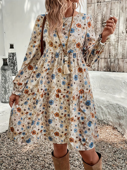 Ruffled Printed Round Neck Long Sleeve Dress Trendsi