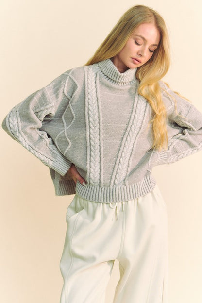 Davi & Dani Cable-Knit Turtleneck Dropped Shoulder Sweater Trendsi