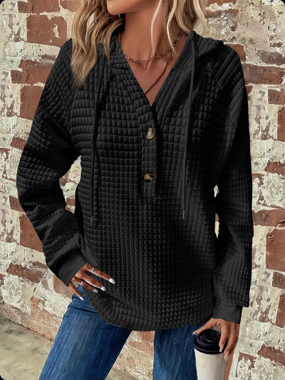 Full Size Texture Button Detail Drawstring Long Sleeve Hoodie Trendsi