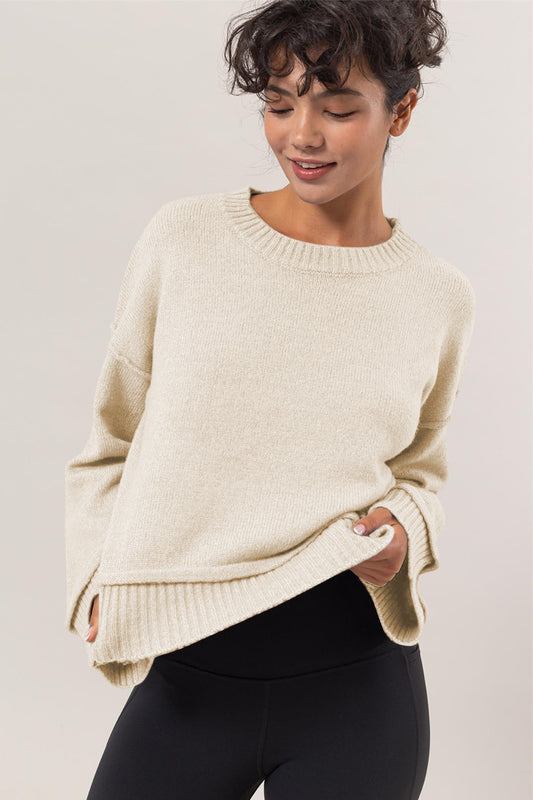 HYFVE Round Neck Dropped Shoulder Ribbed Sweater Trendsi