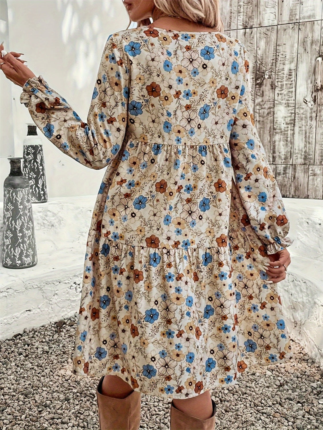 Ruffled Printed Round Neck Long Sleeve Dress Trendsi