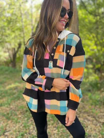 PREORDER: Rainbow Plaid Button Hoodie Ave Shops