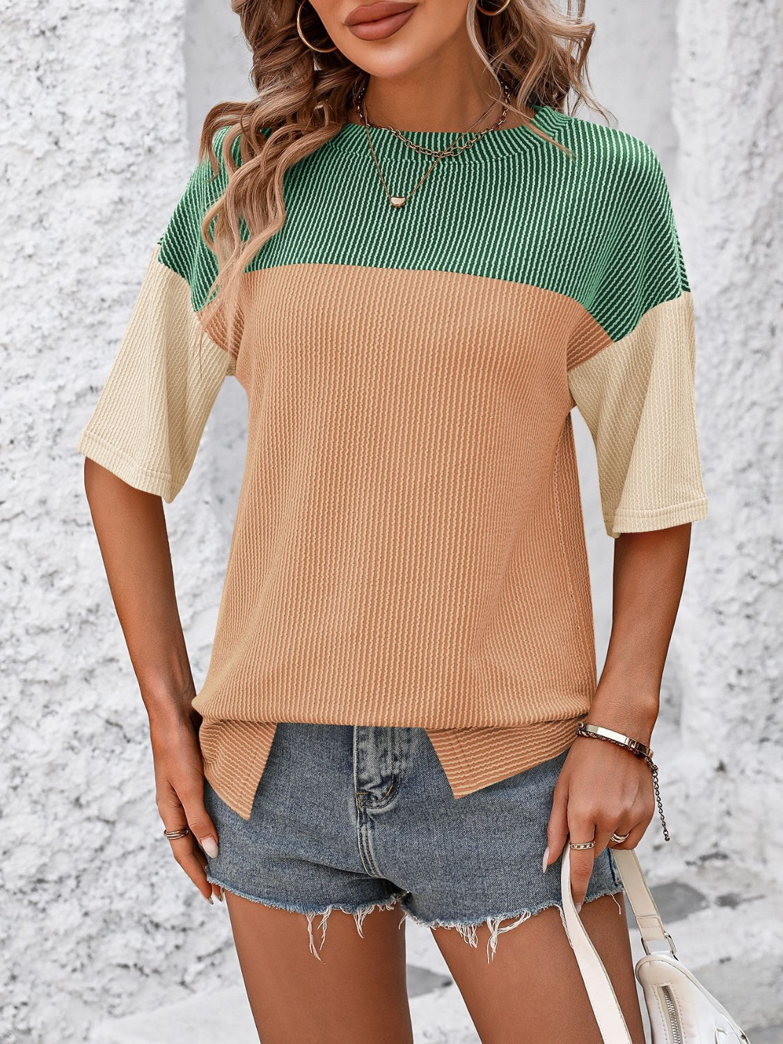 Color Block Round Neck Half Sleeve T-Shirt Trendsi