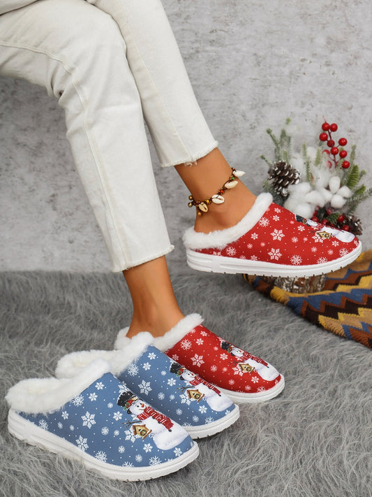 Snowman Print Flat Slippers with Faux Fur Trendsi