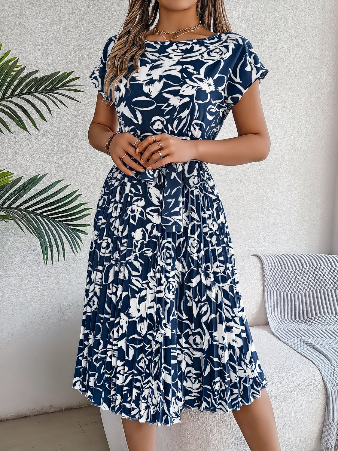 Tied Pleated Printed Short Sleeve Dress Trendsi