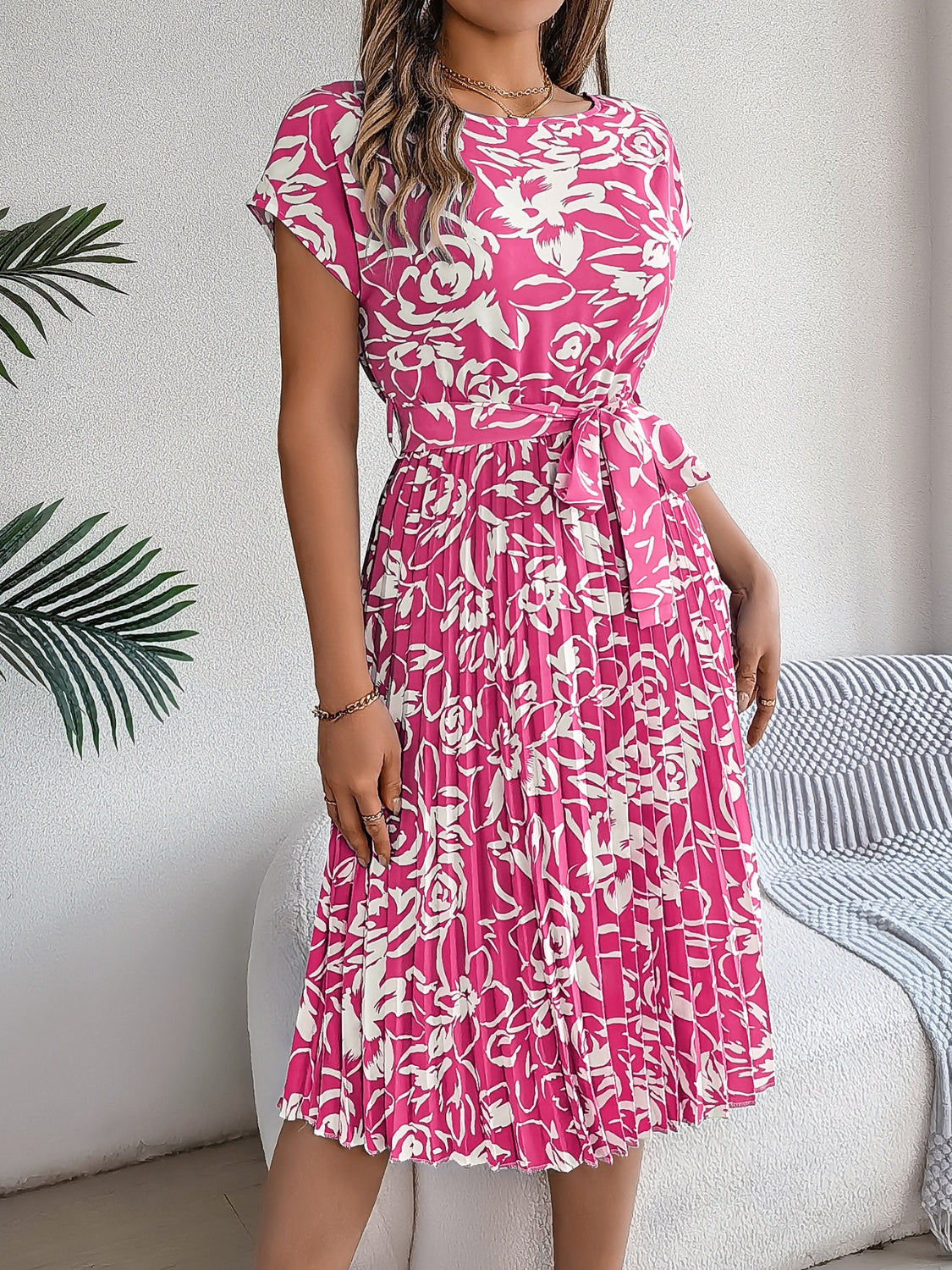 Tied Pleated Printed Short Sleeve Dress Trendsi