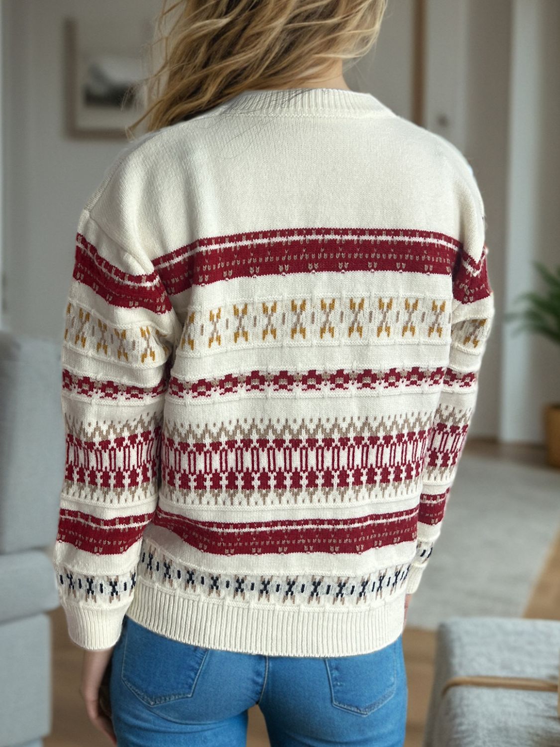 Geometric Round Neck Long Sleeve Sweater Trendsi