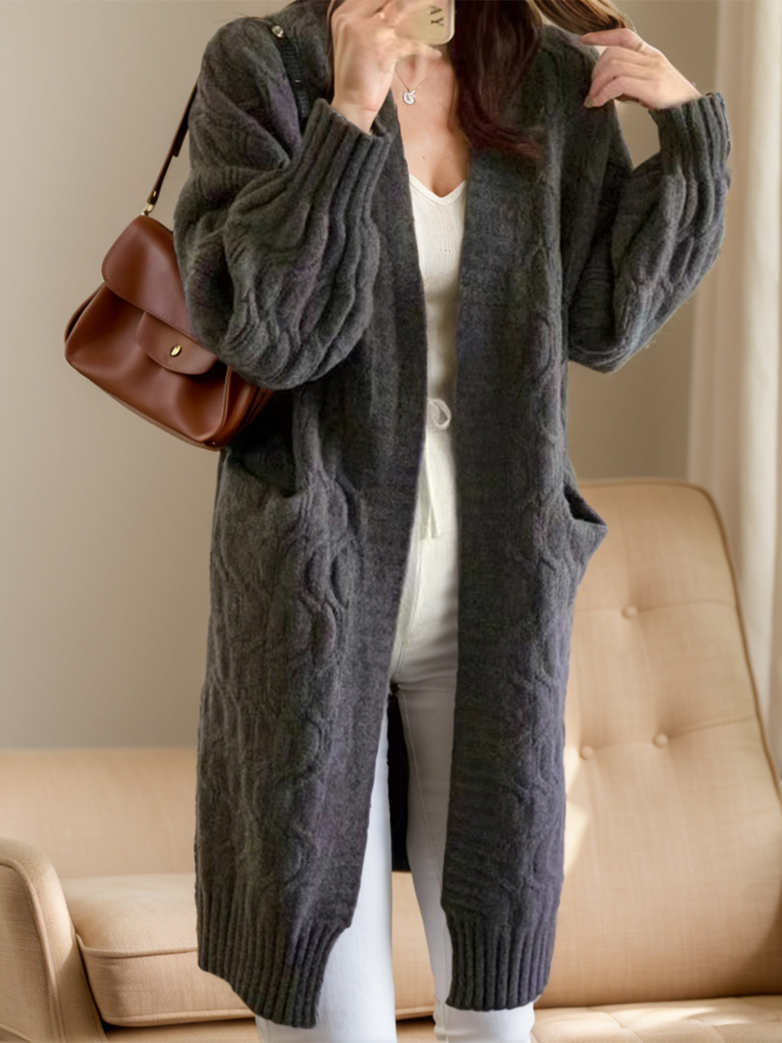 Open Front Long Sleeve Cardigan Trendsi
