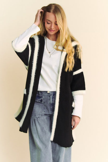 Davi & Dani Fuzzy Trim Open Front Loose Fit Cardigan Trendsi