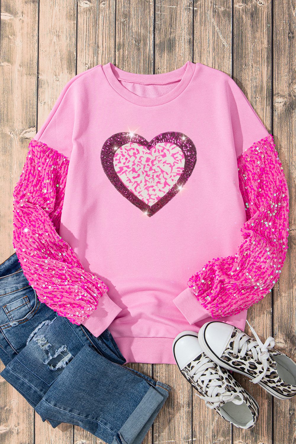 Valentine’s Day Sequin Heart Long Sleeve Sweatshirt Trendsi