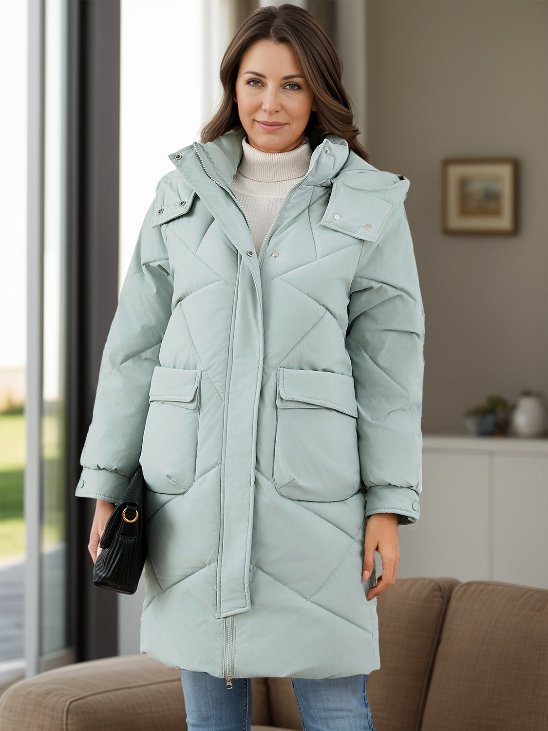 Long Sleeve Longline Hooded Winter Coat with Pockets Trendsi