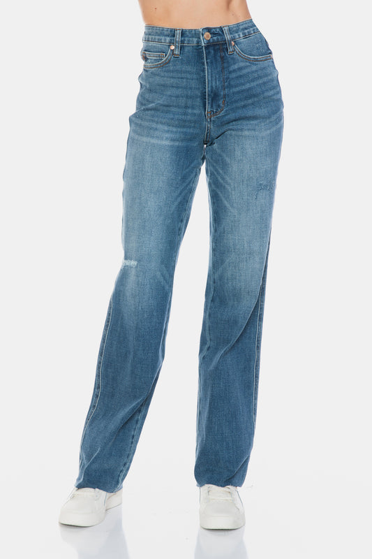 Judy Blue Full Size Tummy Control Cut Raw Hem Straight Jeans Trendsi