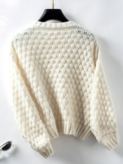 Cable-Knit Round Neck Long Sleeve Sweater Trendsi