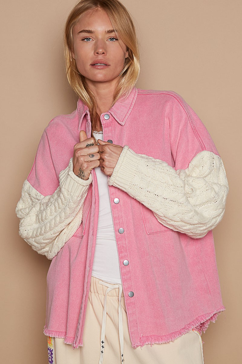 Contrast Sweater Sleeve Button Down Shacket Ave Shops