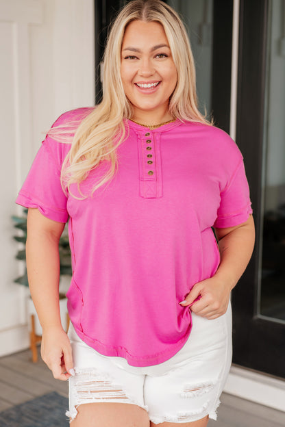 On A Whim Pink Raw Hem Henley Tee Ave Shops