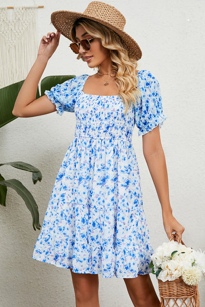 Smocked Printed Flounce Sleeve Mini Dress Trendsi