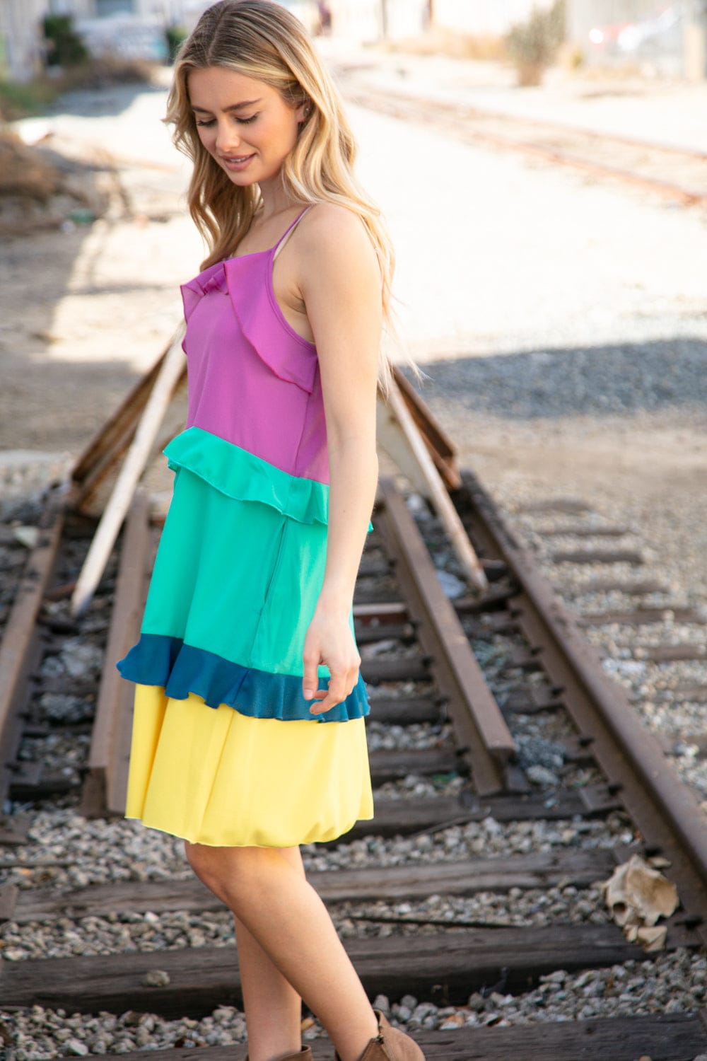 Fuchsia Shoulder Strap Color Block Tiered Ruffle Dress