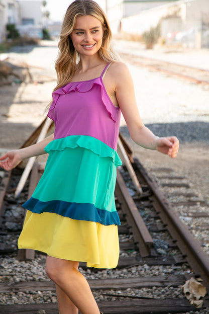 Fuchsia Shoulder Strap Color Block Tiered Ruffle Dress