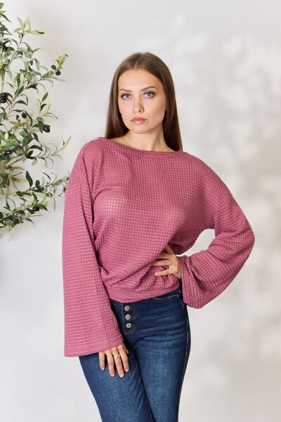 Culture Code Full Size Waffle-Knit Round Neck Long Sleeve Blouse Trendsi