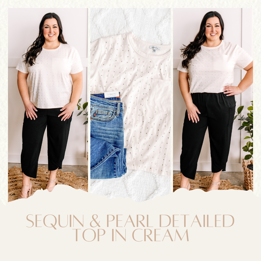 1.29 Sequin & Pearl Detailed Top In Cream American Boutique Drop Ship