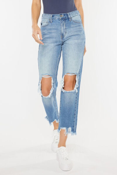 Kancan High Waist Chewed Up Straight Mom Jeans Trendsi